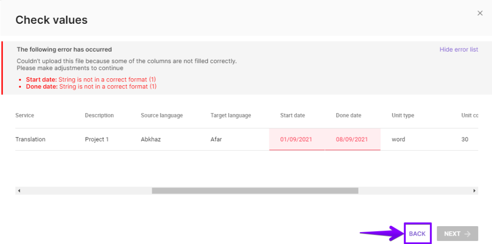 Upload step showing a format validation warning