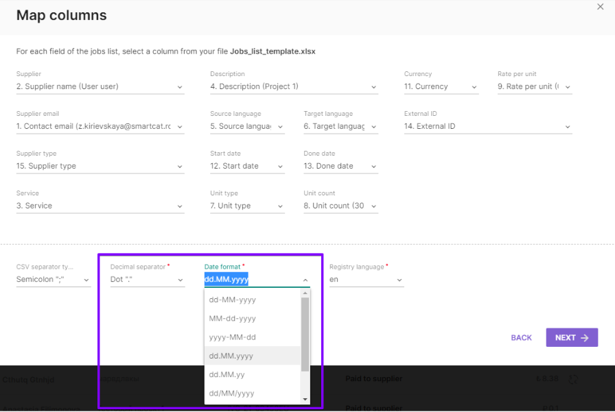 Column mapping and review window during upload