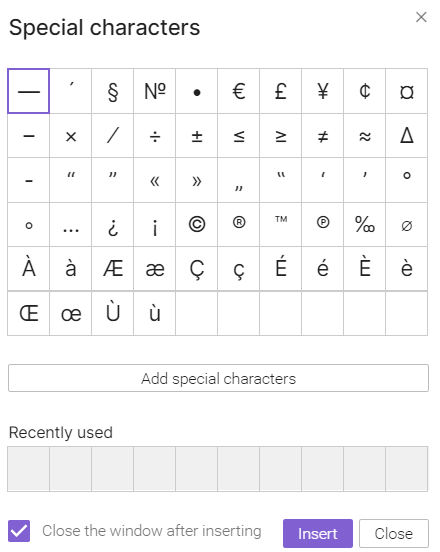 Special characters window in the CAT editor with a character selected