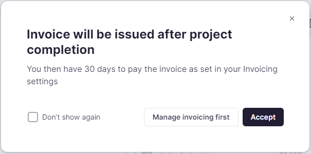The payment terms prompt shown when inviting a supplier to a project