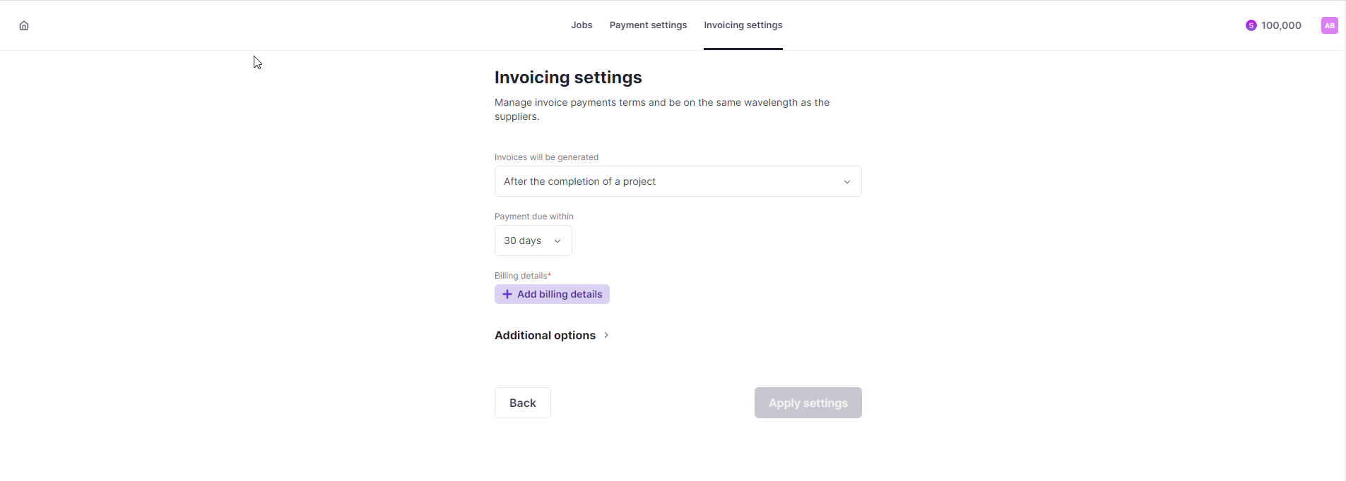 The invoicing settings dropdown under Payments → Supplier payments