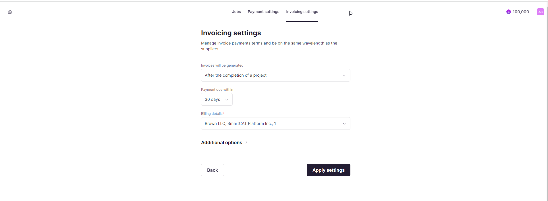 The Apply settings button in the invoicing settings
