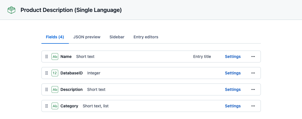 Contentful Content Model tab showing the fields of the individual product content model
