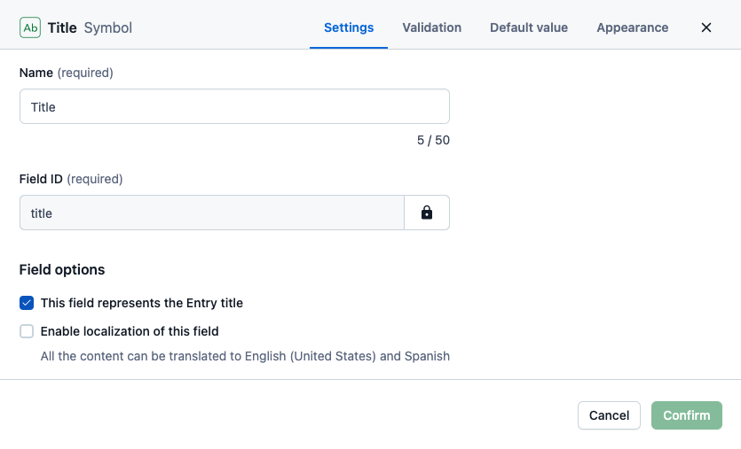 Contentful field settings with the entry title option enabled for the Title field
