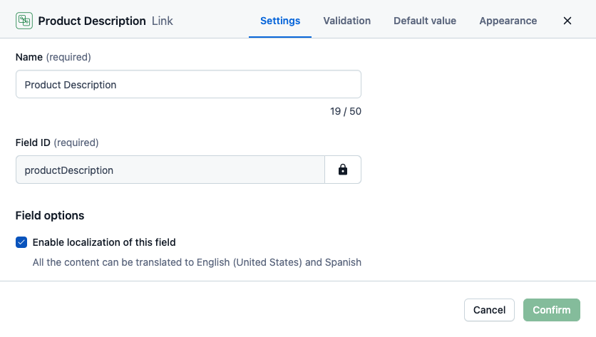 Contentful field settings with localization enabled for the Product description reference field
