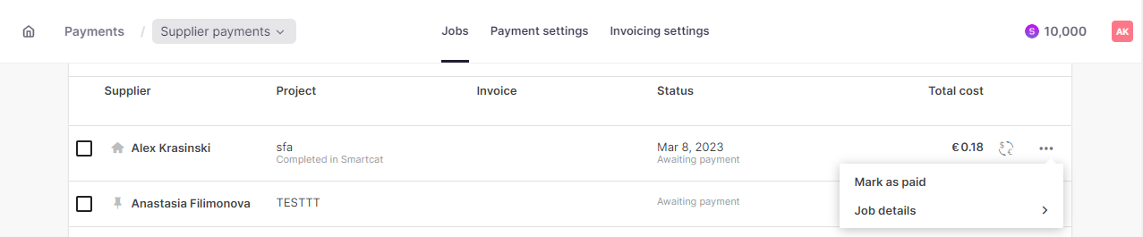 Jobs list with the ellipsis menu open showing the option to mark a task as paid