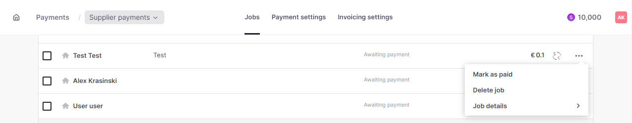 Jobs list with the ellipsis menu open showing the delete job option
