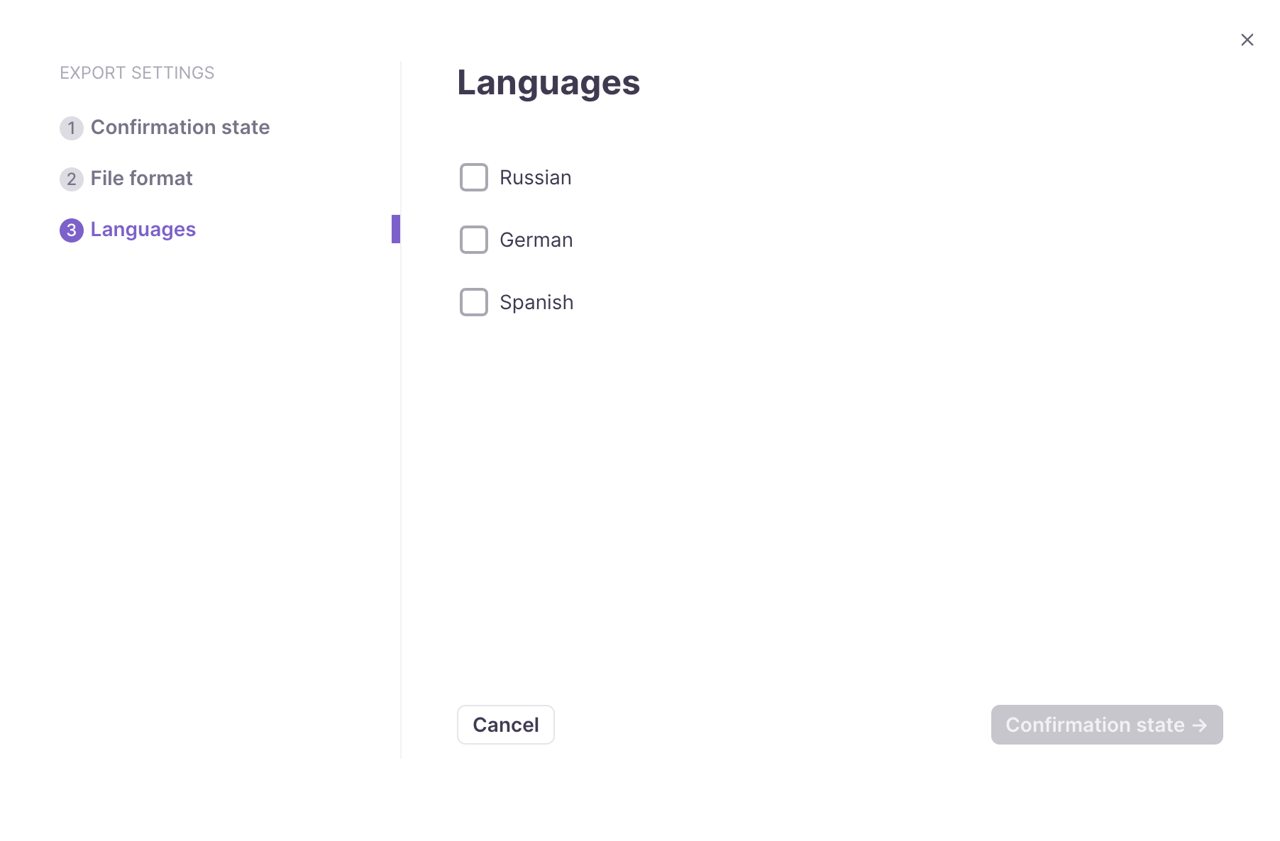 Dialog for selecting the languages to export