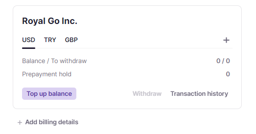 Balance screen showing currency top-up options and the add-currency plus sign
