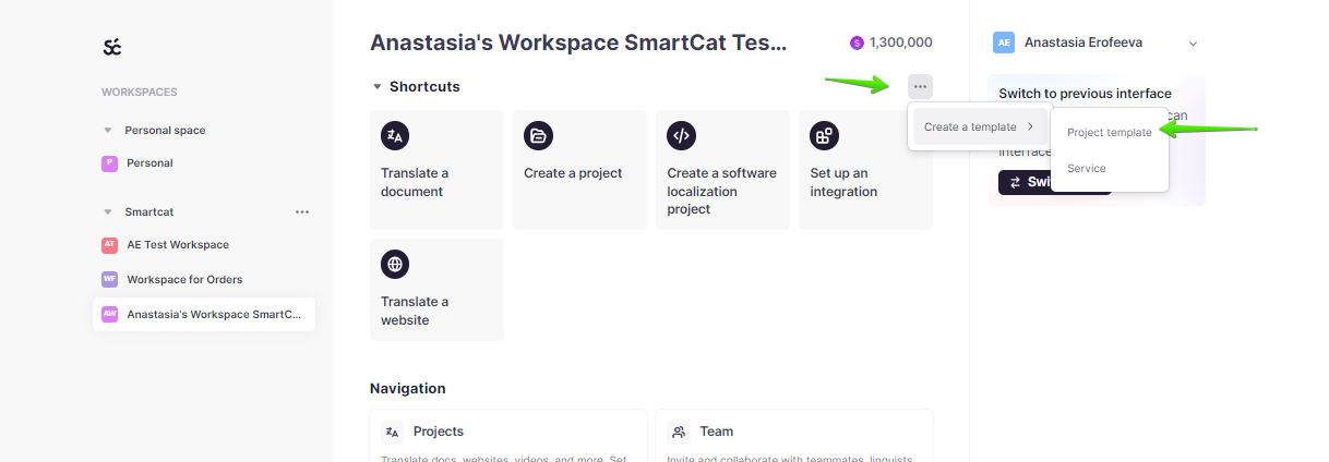 Create a template menu with Project template selected