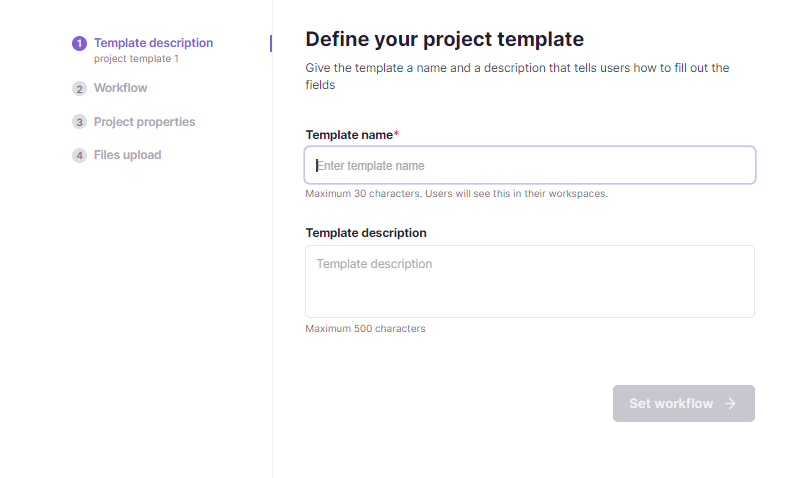 Project template creation form with required fields