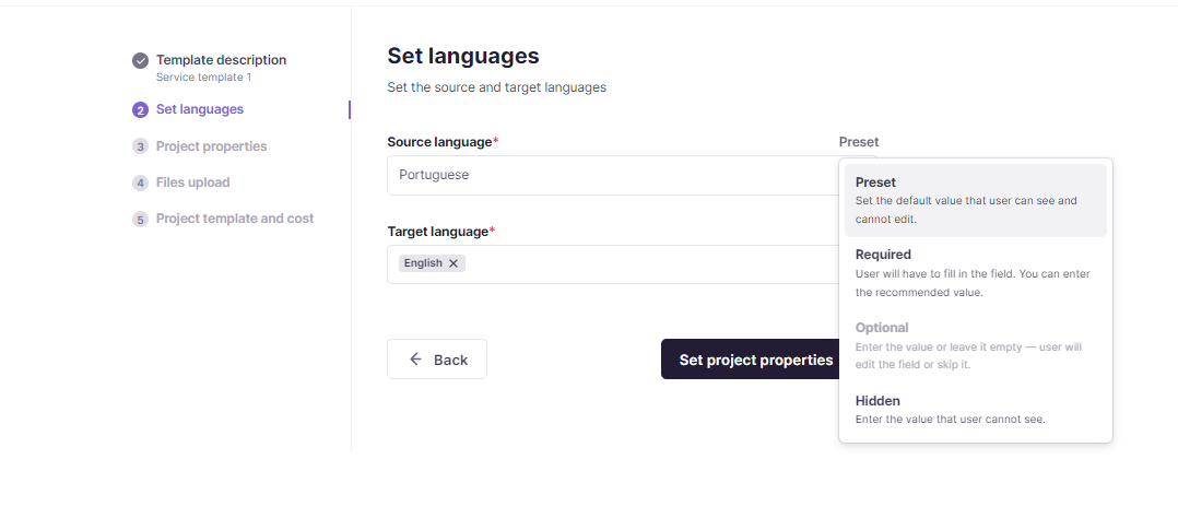 Set languages step of the service template with source and target language fields