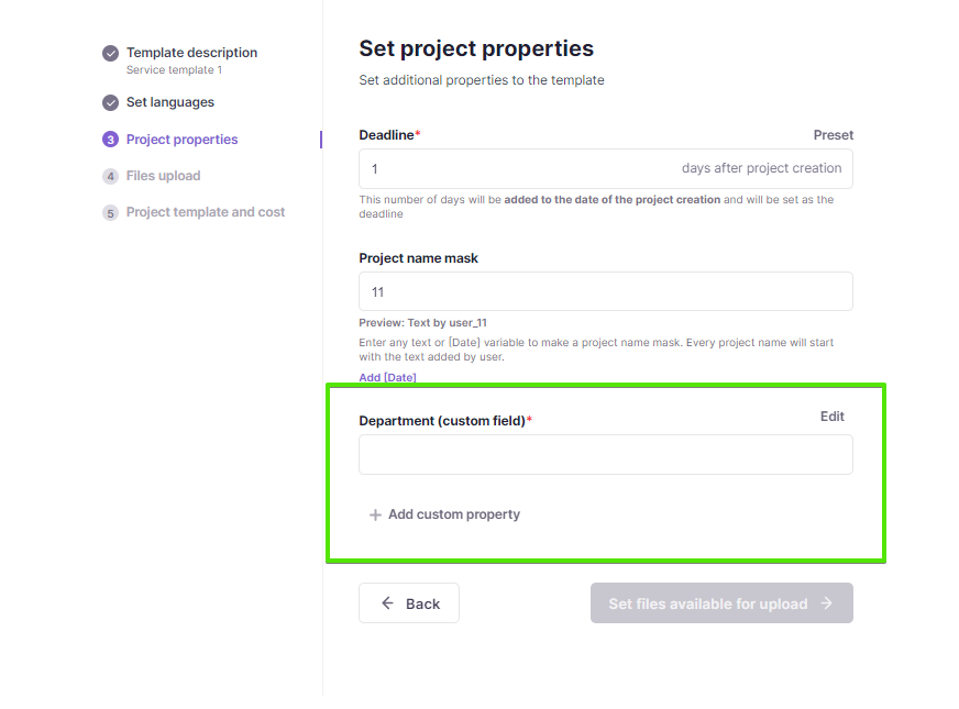 Project properties step with the Add custom property button