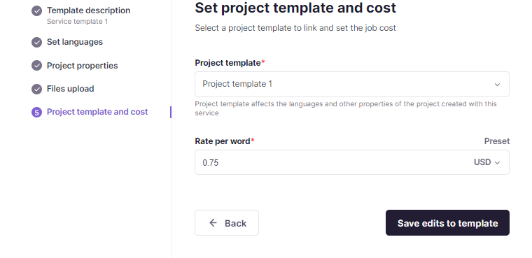 Set project template and cost step with rate per word field