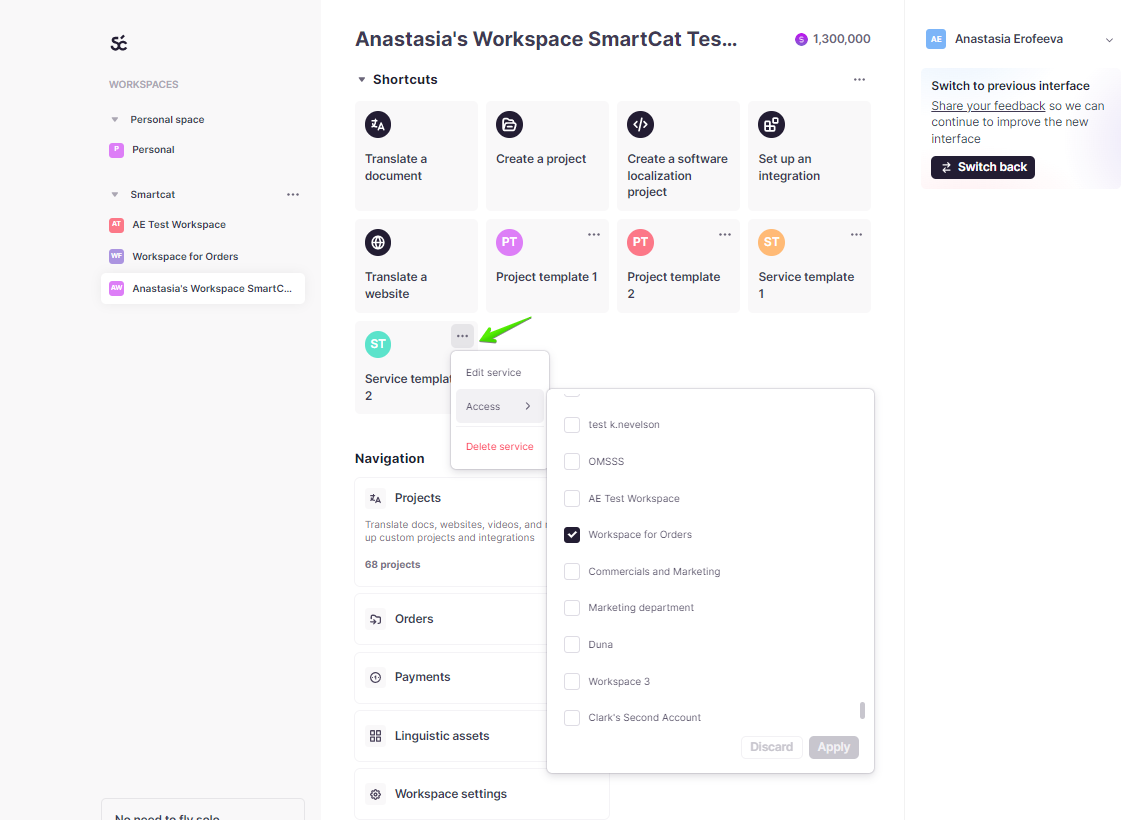 Template context menu with workspace sharing options