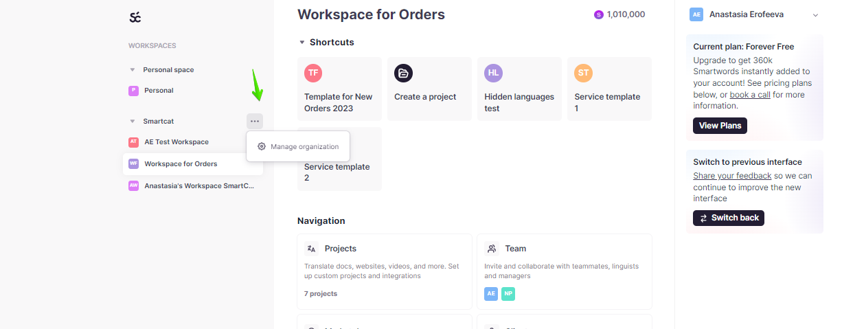 Sidebar three-dot menu opening organization settings