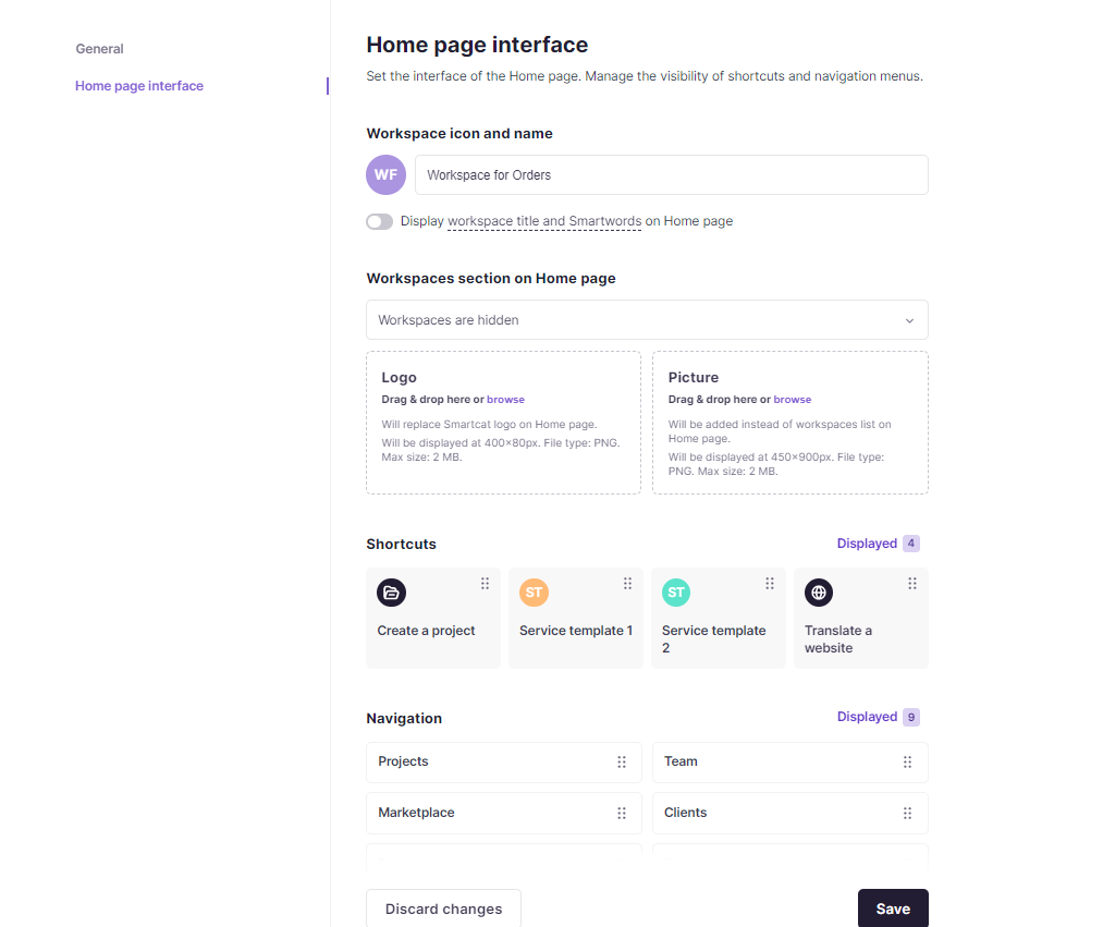 Home page interface tab with appearance, logo, and shortcut settings