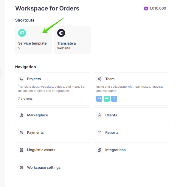 Home page shortcuts for creating a new order