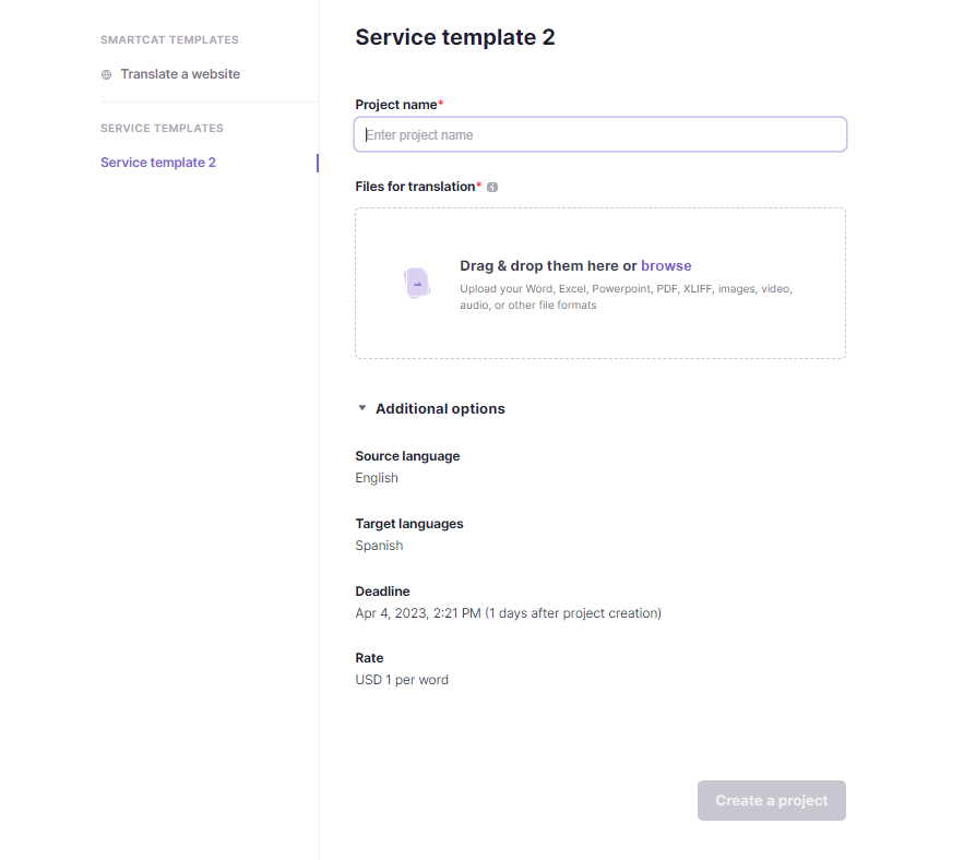 Project creation screen with name field and file upload