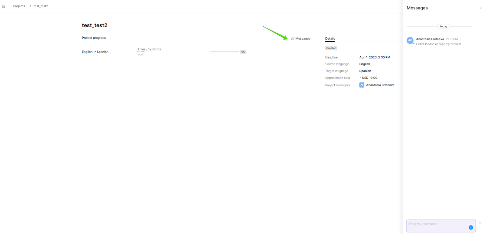 Projects page showing the created project and Messages icon