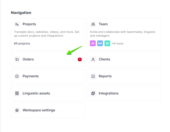 Orders section on the Home page listing incoming translation requests
