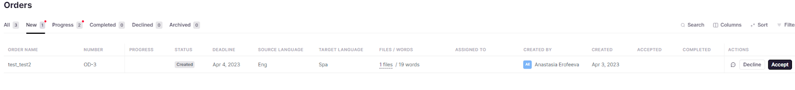 Order details view with files and chat icon