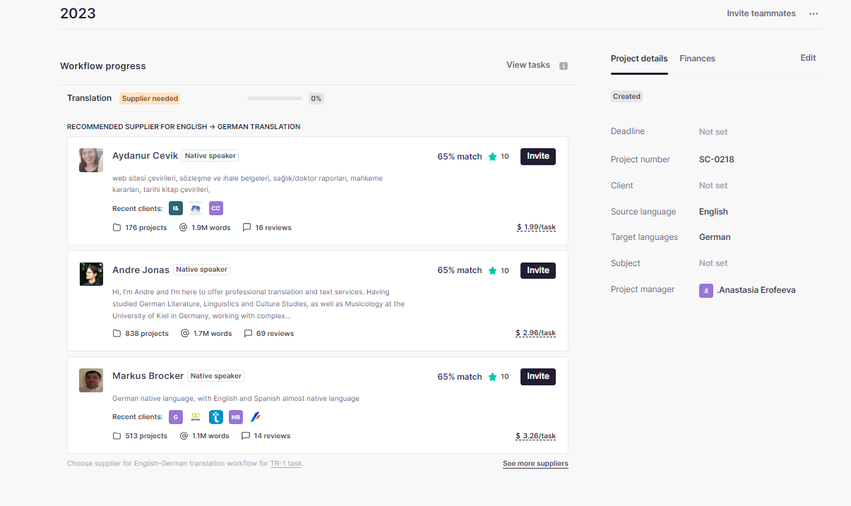 List of best-match linguists ranked by aggregate score on the Marketplace
