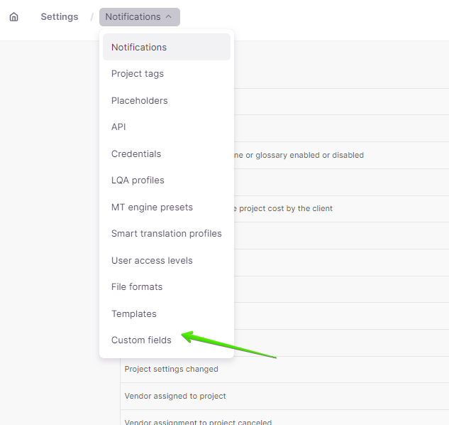 Custom fields option in the top left menu of Workspace settings