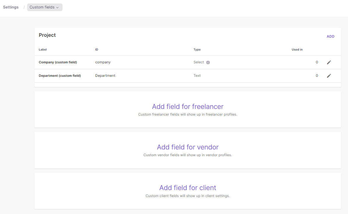 Custom fields categories for projects, freelancers, vendors, and clients