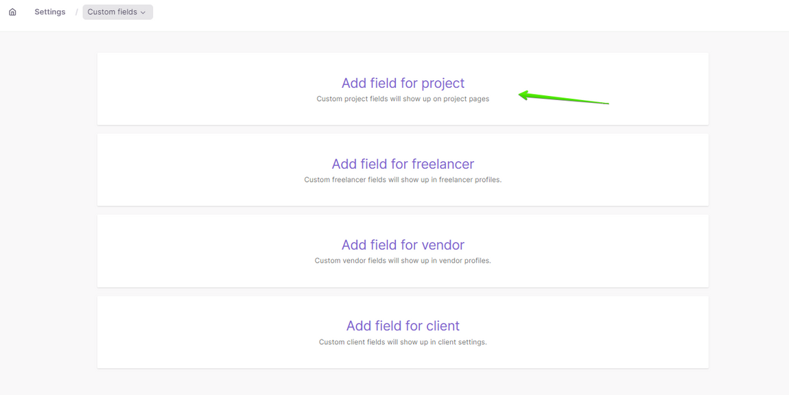 Add field for project button in custom fields settings