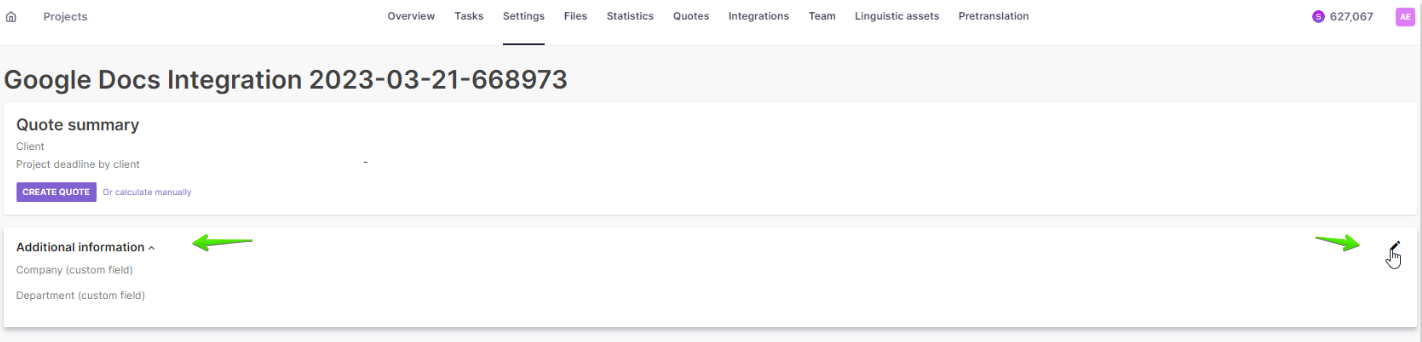 Custom fields shown under project Settings, Additional Information