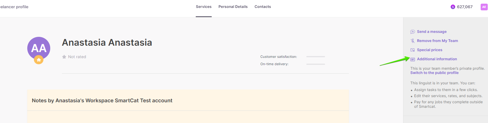 Freelancer profile showing custom fields under Additional Information