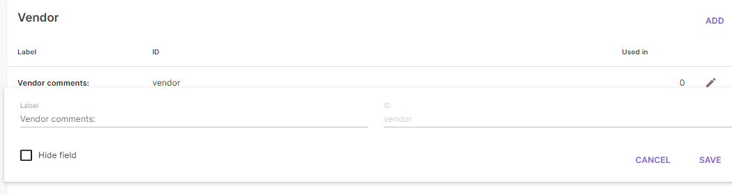 Add field for vendor configuration screen