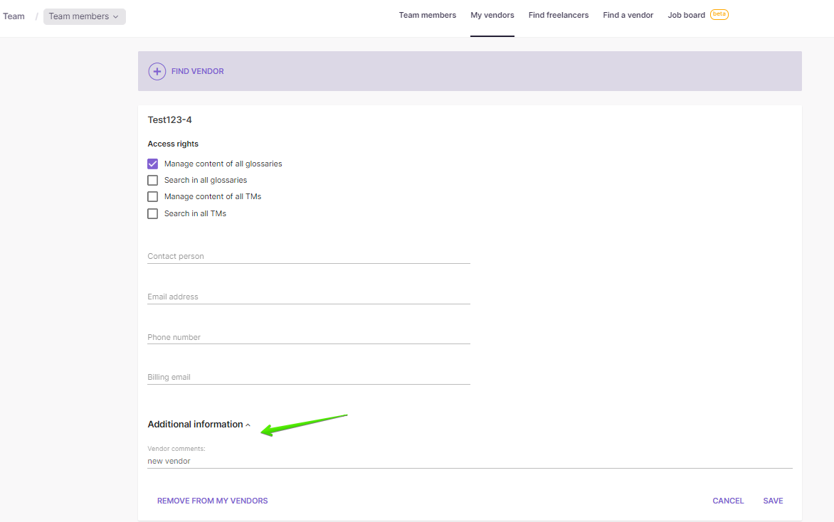 Vendor profile showing custom fields under Additional Information