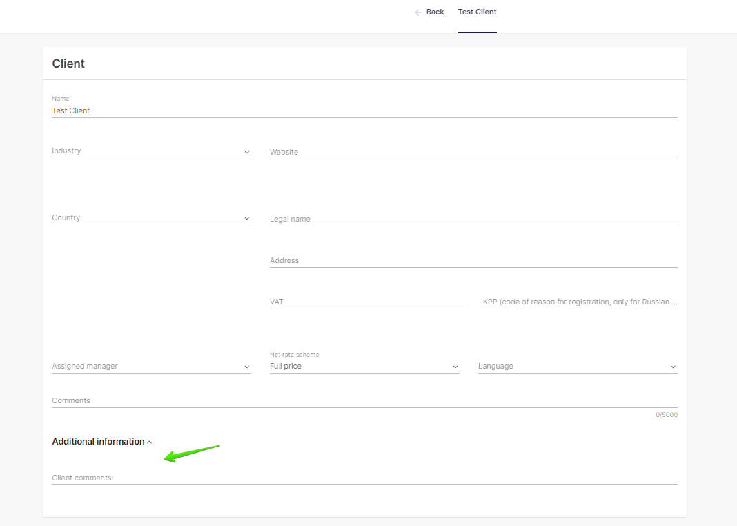 Client profile showing custom fields under Additional Information
