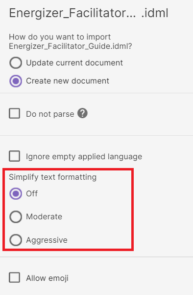 IDML tag settings screen shown during file upload, with the Simplify text formatting options