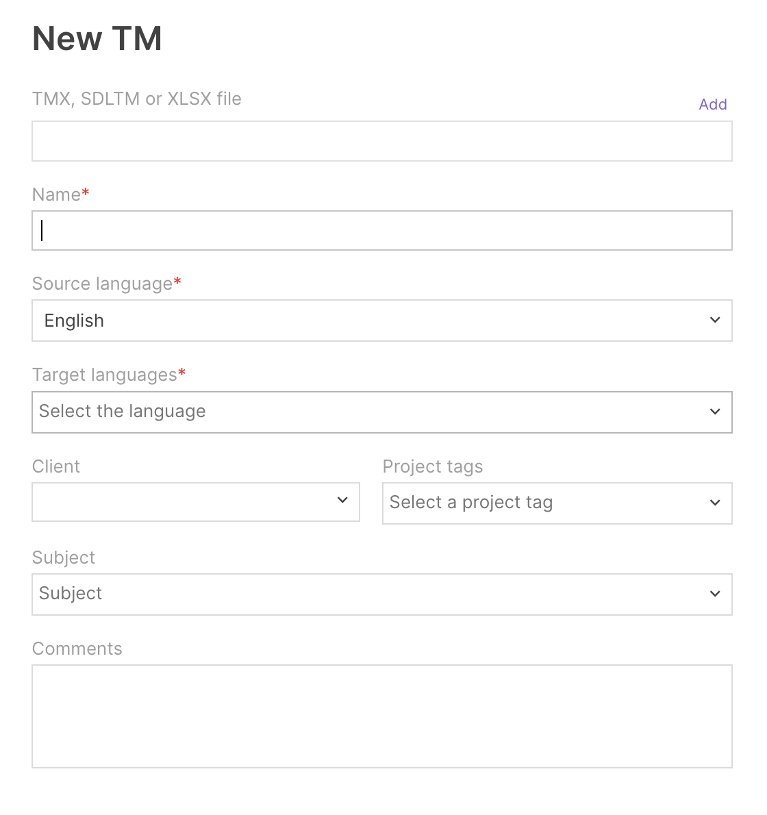 Create TM dialog with numbered fields