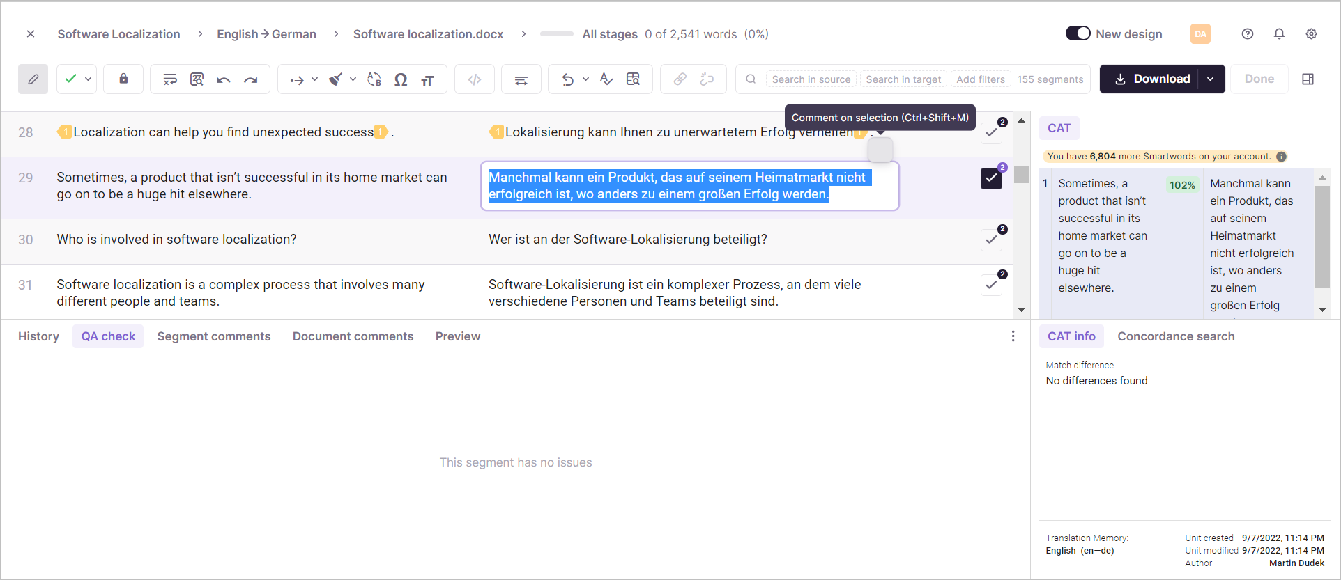 Selecting a word in a segment to add a structured comment