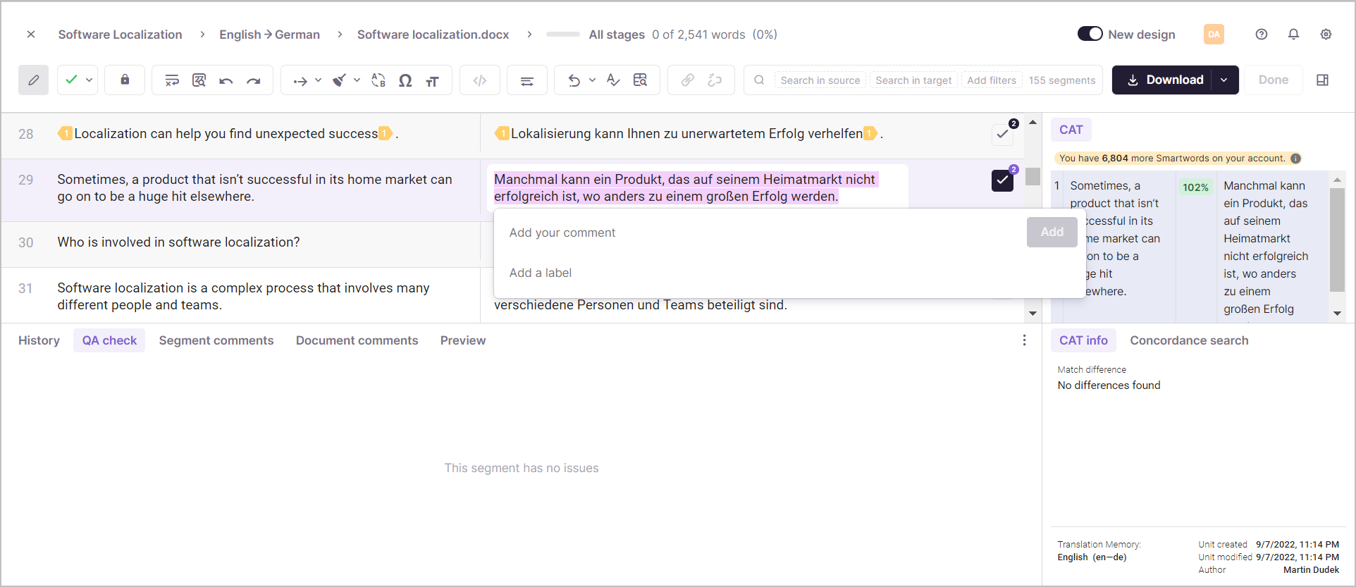 Structured comment field with a quality assurance label selector