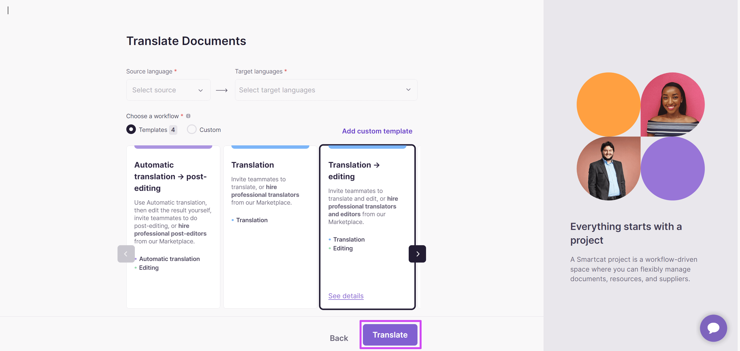 Choosing languages and workflow, then clicking Translate