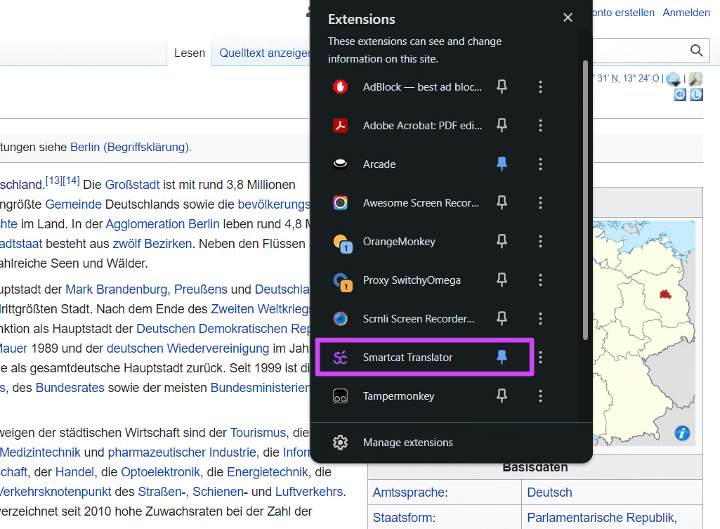 Smartcat Translator shown in the Chrome extensions list