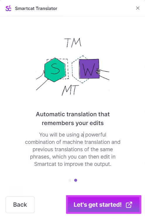 Smartcat Translator welcome screen with the Let's get started button
