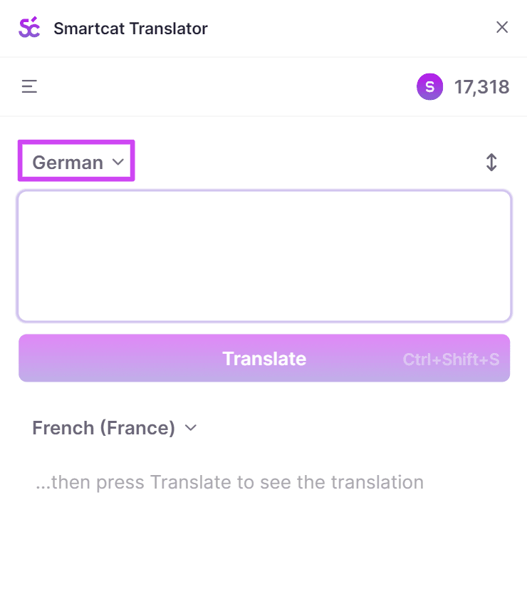Smartcat Translator language selectors set to Autodetect source and German target