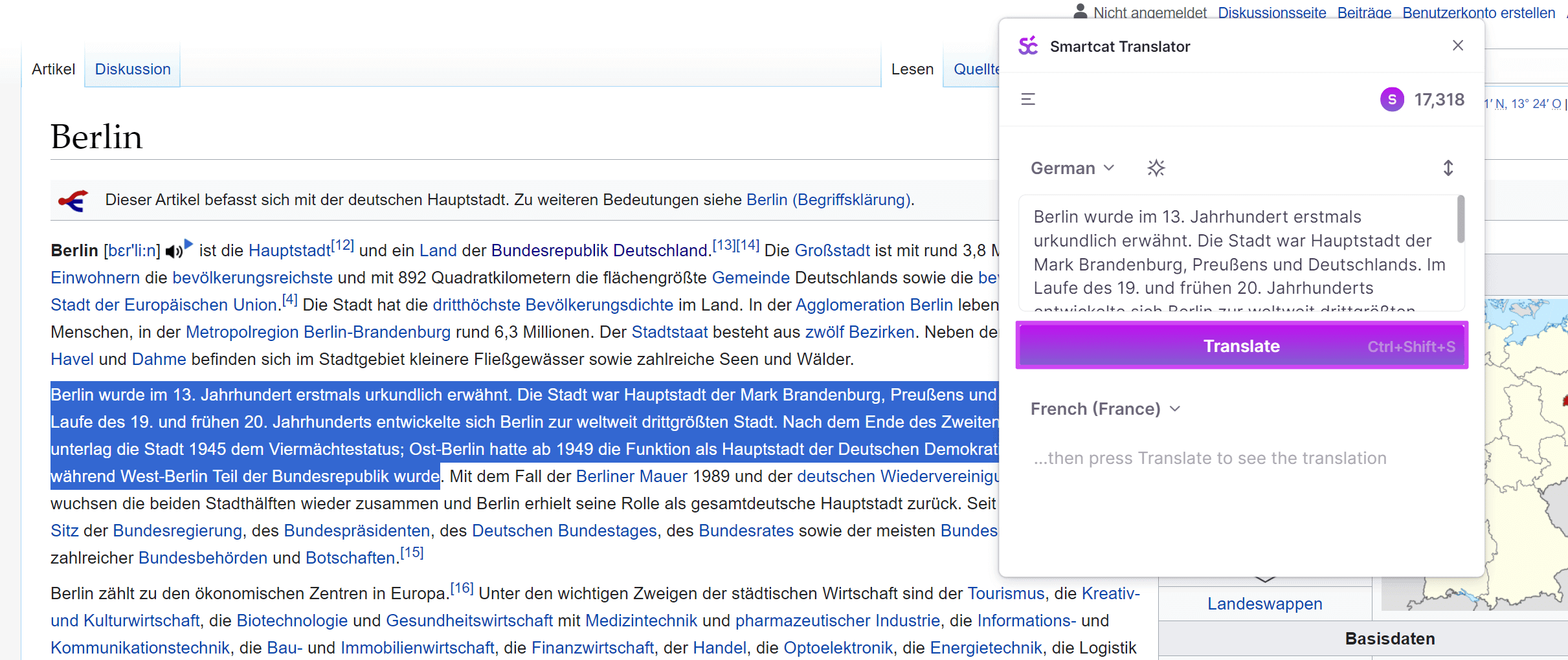Source text translated into German in the Target text field