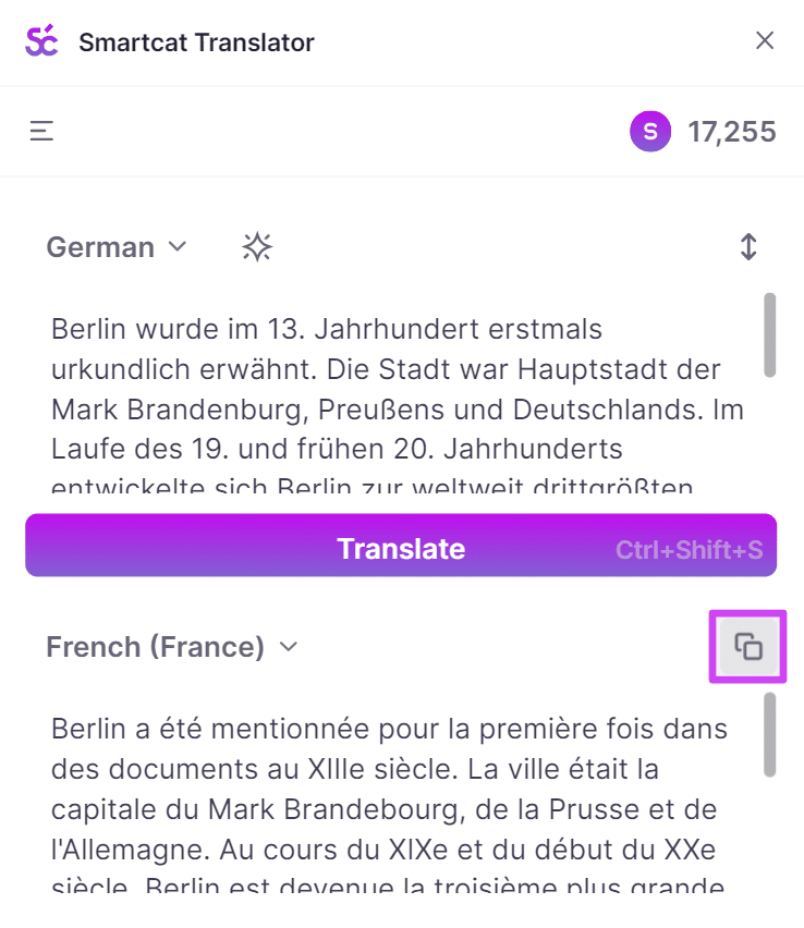 The Copy translation icon in Smartcat Translator
