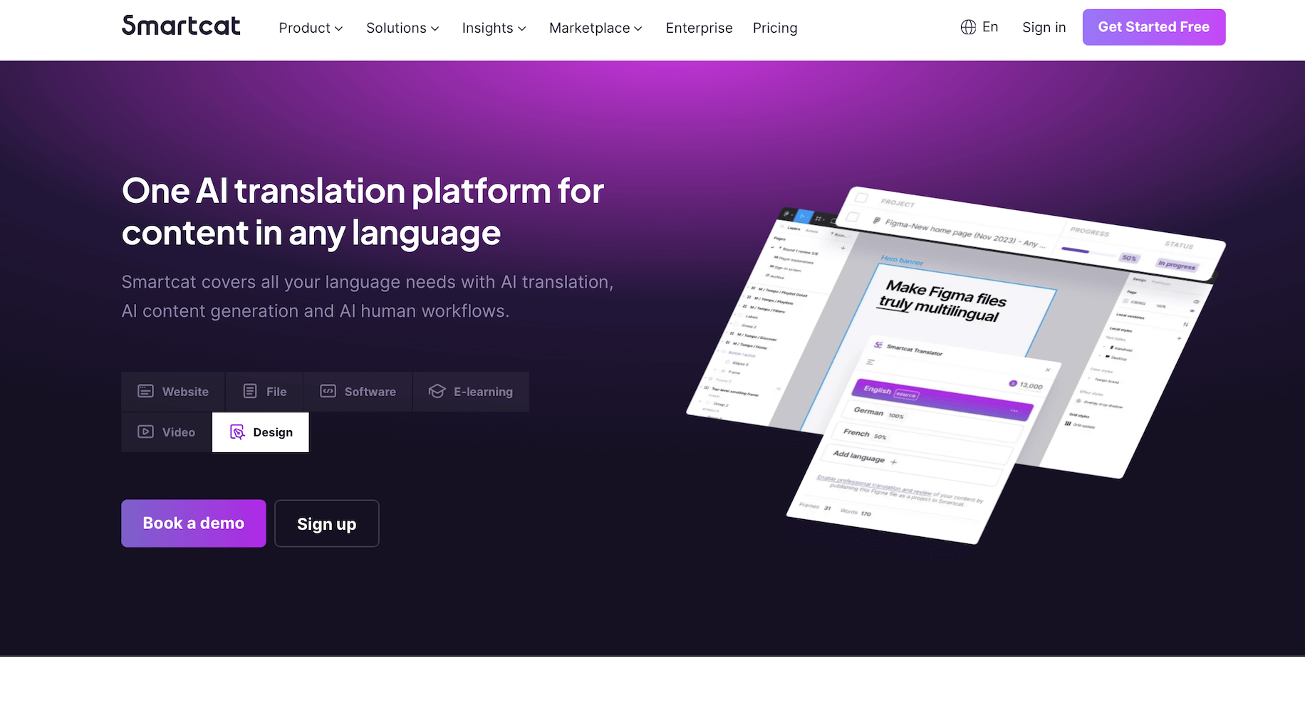 Smartcat home page with the Get Started Free button in the top-right