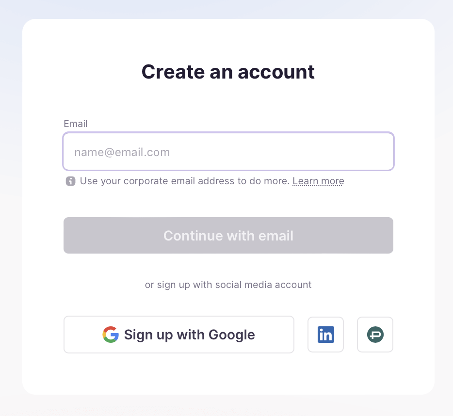 Sign-up screen with email field and Google, LinkedIn, and ProZ options