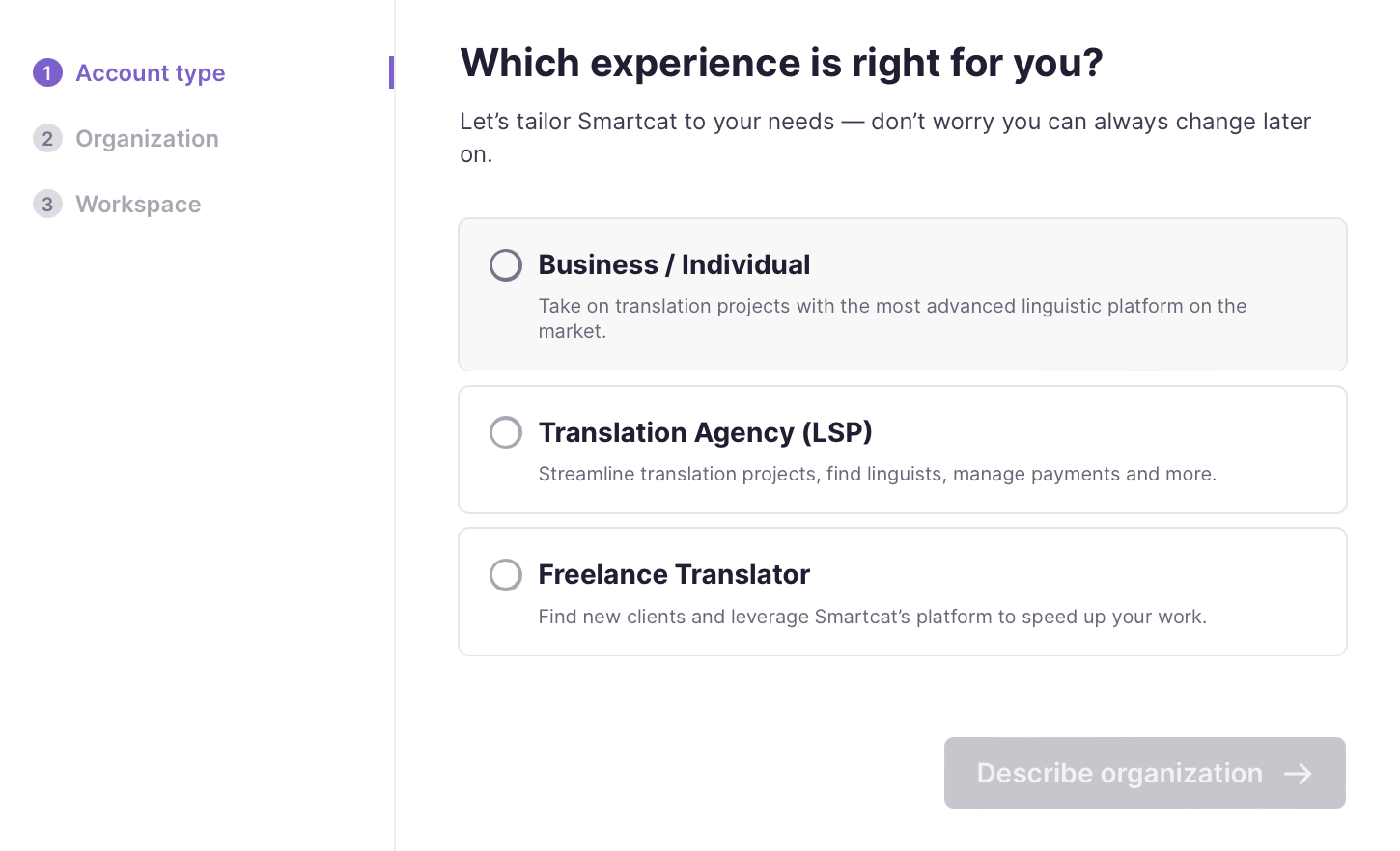 Account type selection screen with business, LSP, and freelance options
