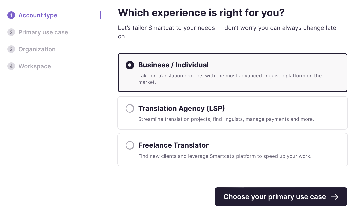 Account type screen with Business / Individual selected