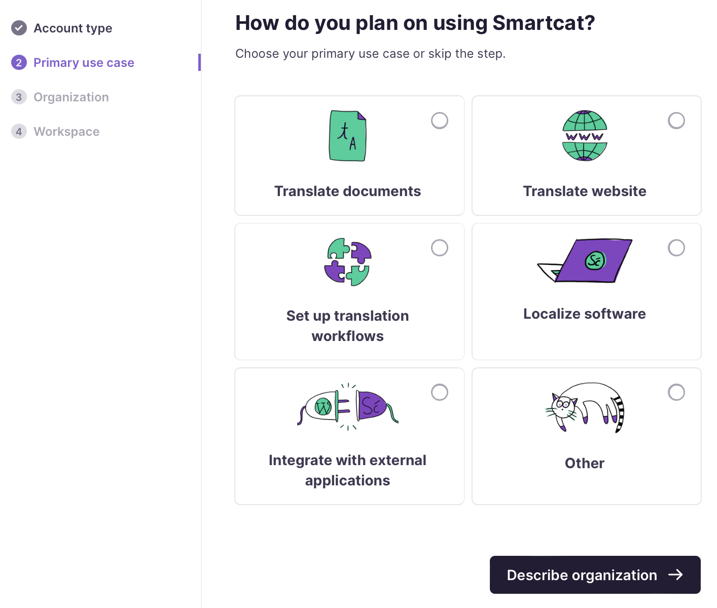 Primary use case selection screen for a business account